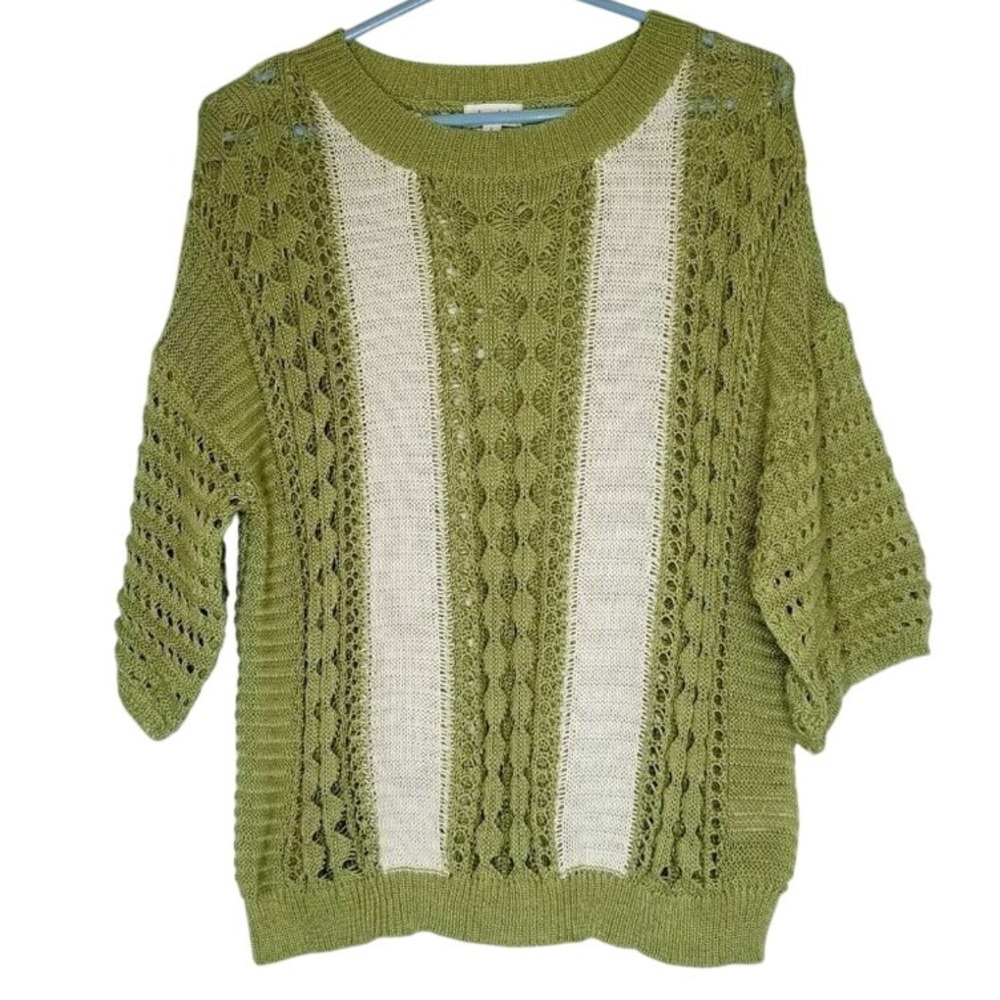 La‎ Miel Lacy Dreams Striped Knit Sweater Open Weave Olive Green Cream Casual L